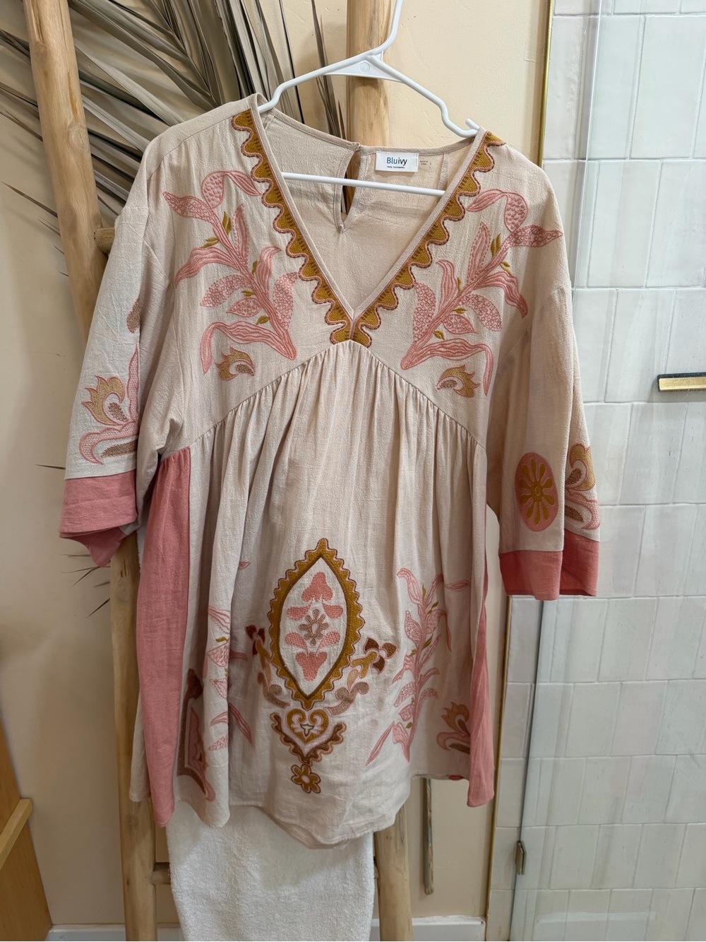 Pink Embroidered V-Neck Peasant Mini Dress